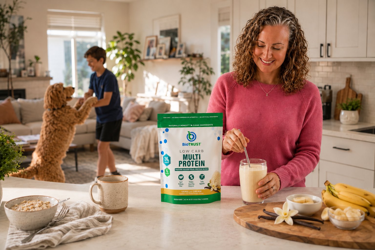 Coach Andrea making a Low Carb Multi Protein shake in the morning