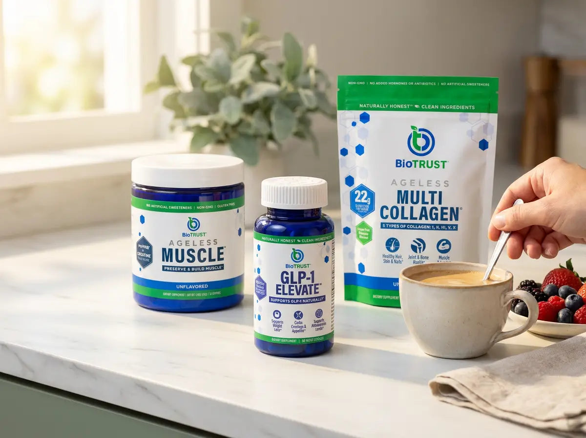 The three GLP-1 Companion Stack products on a kitchen counter beside a collagen coffee