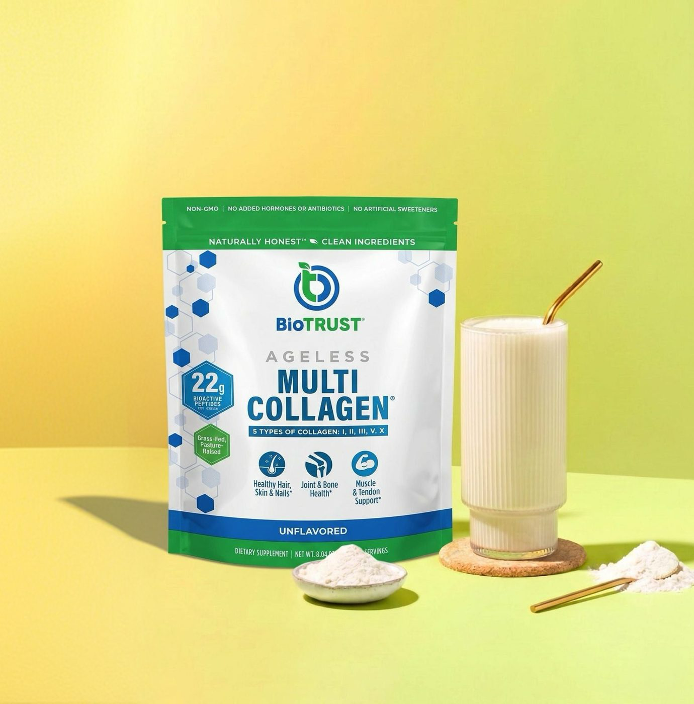 Ageless Multi Collagen with a prepared drink