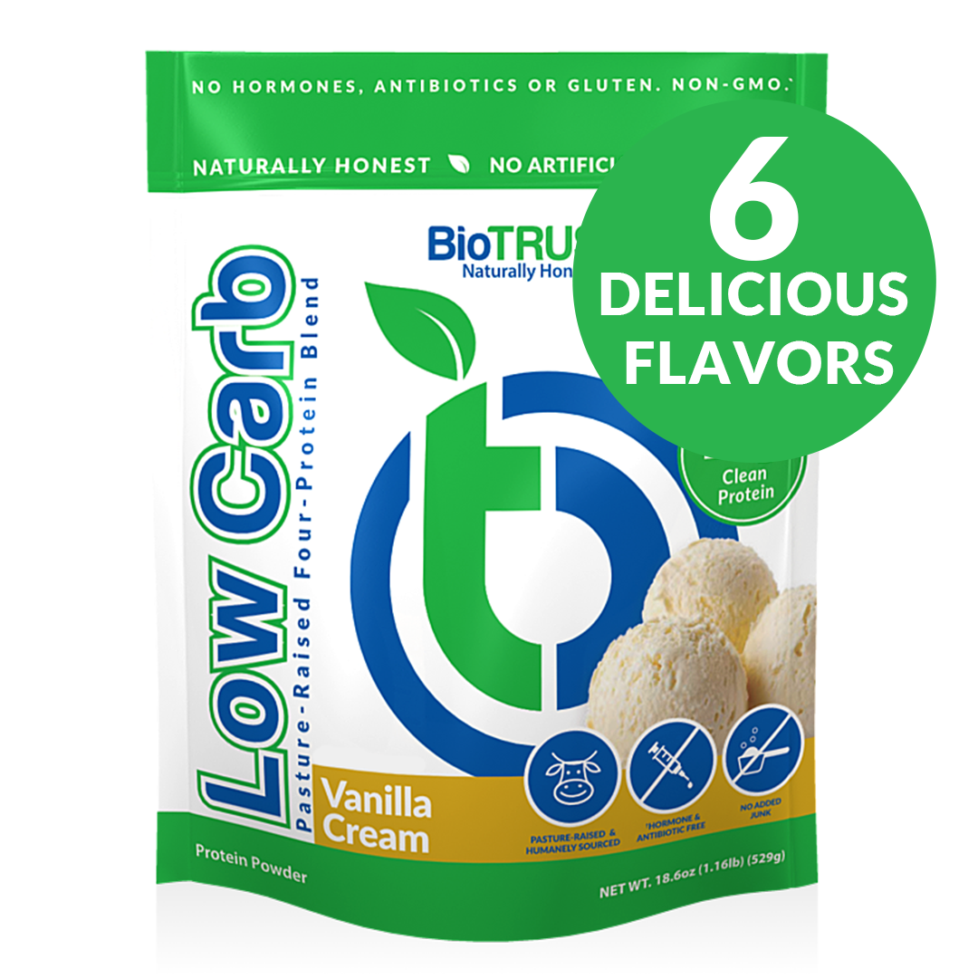BioTRUST Low Carb Vanilla Cream Protein Powder package featuring '6 delicious flavors' text.