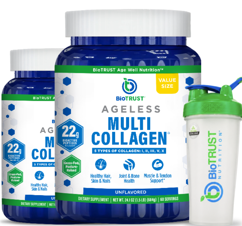 Two tubs of Ageless Multi Collagen with the free BlenderBottle® shaker
