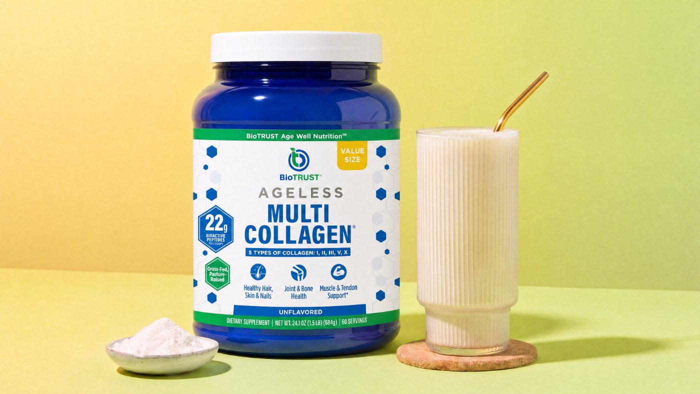 Ageless Multi Collagen tub with a prepared drink
