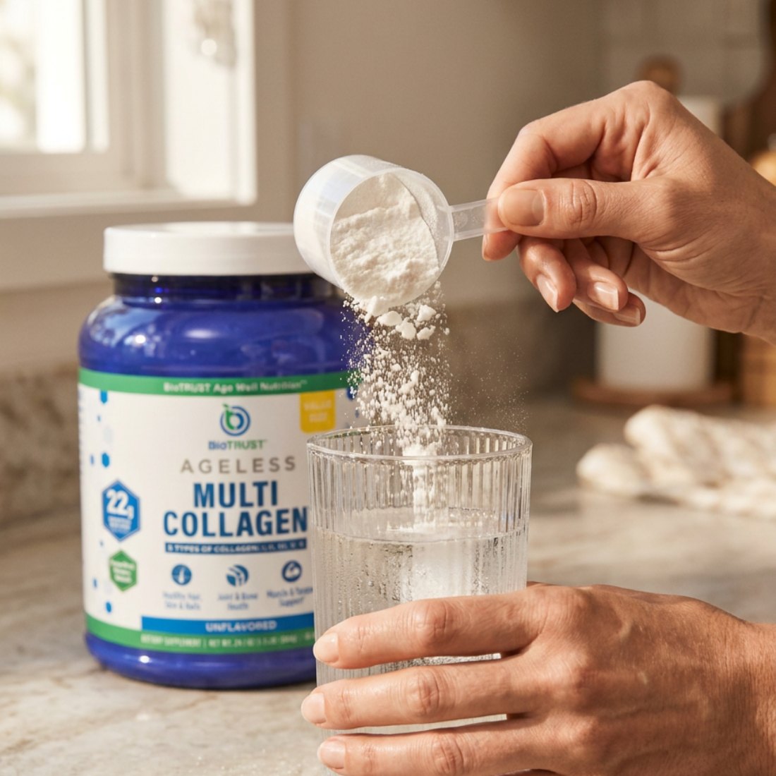 Pouring a scoop of Ageless Multi Collagen into a glass