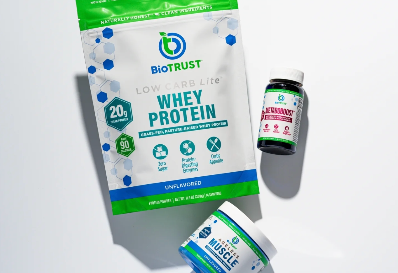 Biotrust whey protein package and Metamucil supplement on a white background