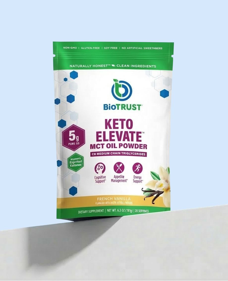 BioTRUST Keto Elevate MCT Oil Powder package on a light blue background