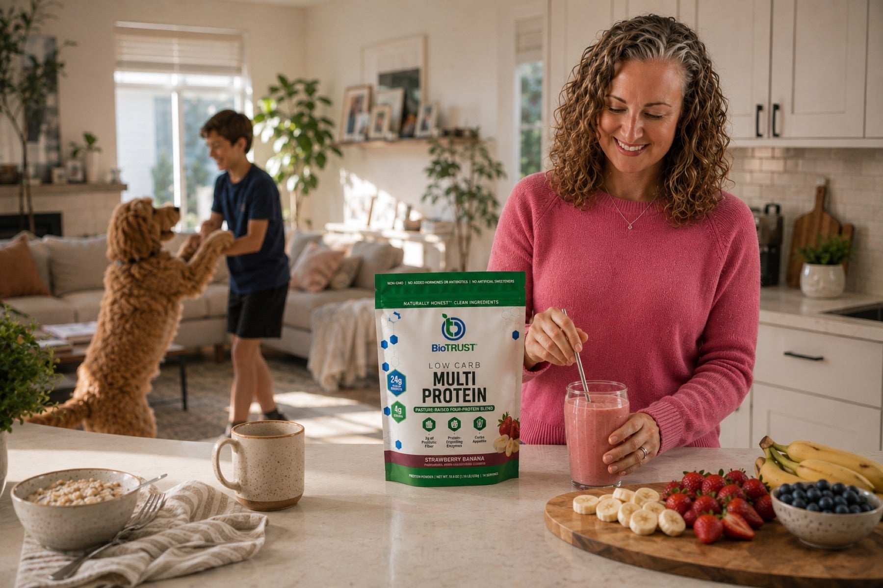 A morning kitchen, one person making a shake while another plays with the dog