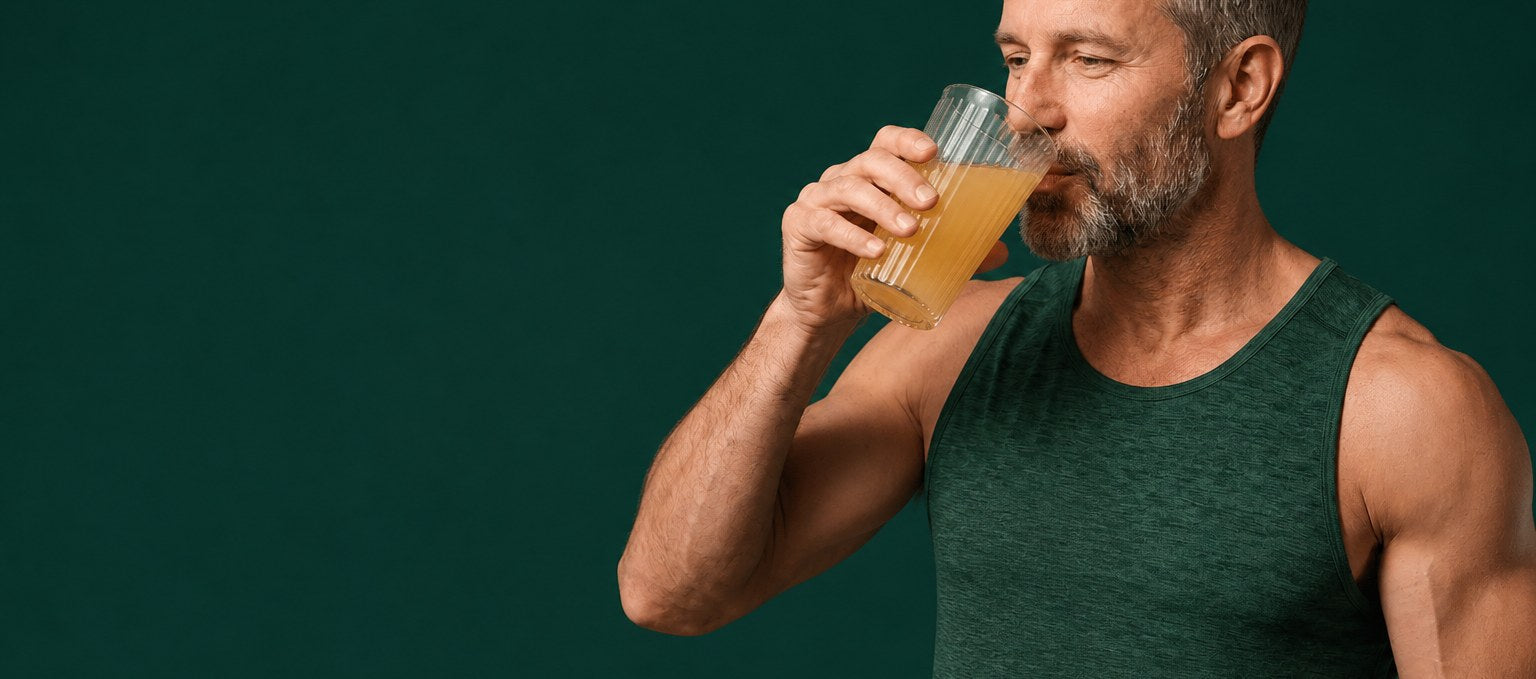 Man drinking a glass of Ageless Multi Fiber