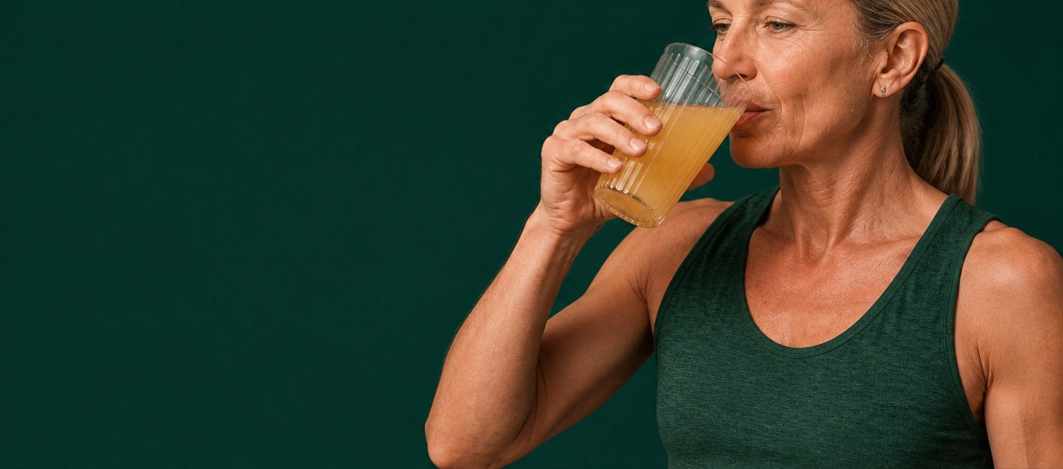 Woman drinking a glass of Ageless Multi Fiber