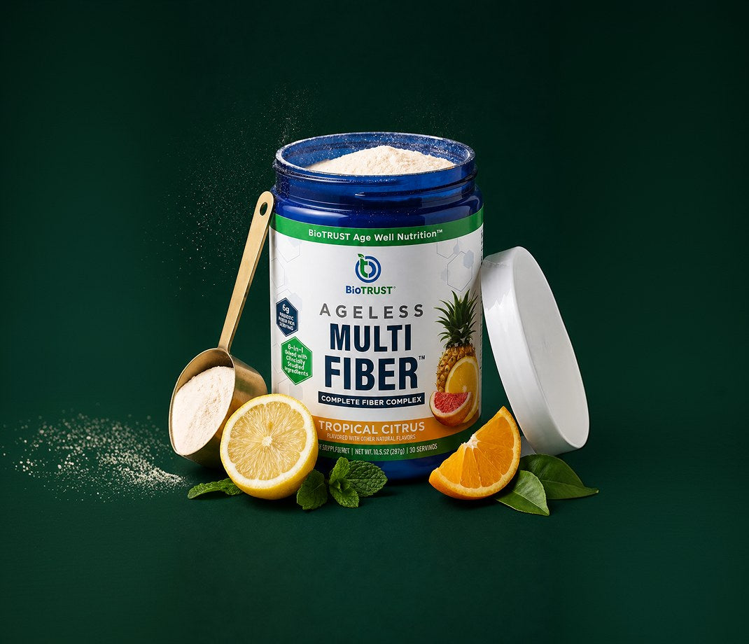 Ageless Multi Fiber canister with scoop, citrus, and pineapple
