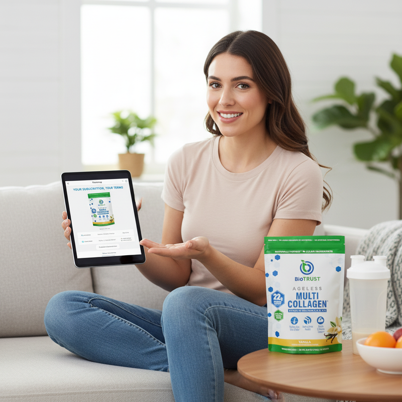 Woman sitting on a couch holding a tablet with a BioTrust Multi Collagen product on a table next to her.