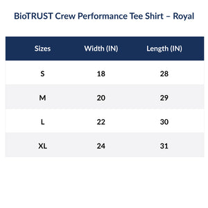 Crew Performance Tee Shirt Sizes (in Inches): Small: 18 Width 28 Length, Medium: 20 Width 29 Length, Large: 22 Width 30 Length, Extra Large: 24 Width 31 Length