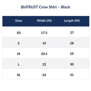 Crew Shirt Sizes (in Inches): Extra Small: 17.5 Width 27 Length, Small: 19 Width 28 Length, Medium: 20.5 Width 29 Length, Large: 22 Width 30 Length, Extra Large: 24 Width 31 Length