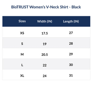 Women's V-Neck Shirt Sizes (in Inches): Extra Small: 17.5 Width 27 Length, Small: 19 Width 28 Length, Medium: 20.5 Width 29 Length, Large: 22 Width 30 Length, Extra Large: 24 Width 31 Length